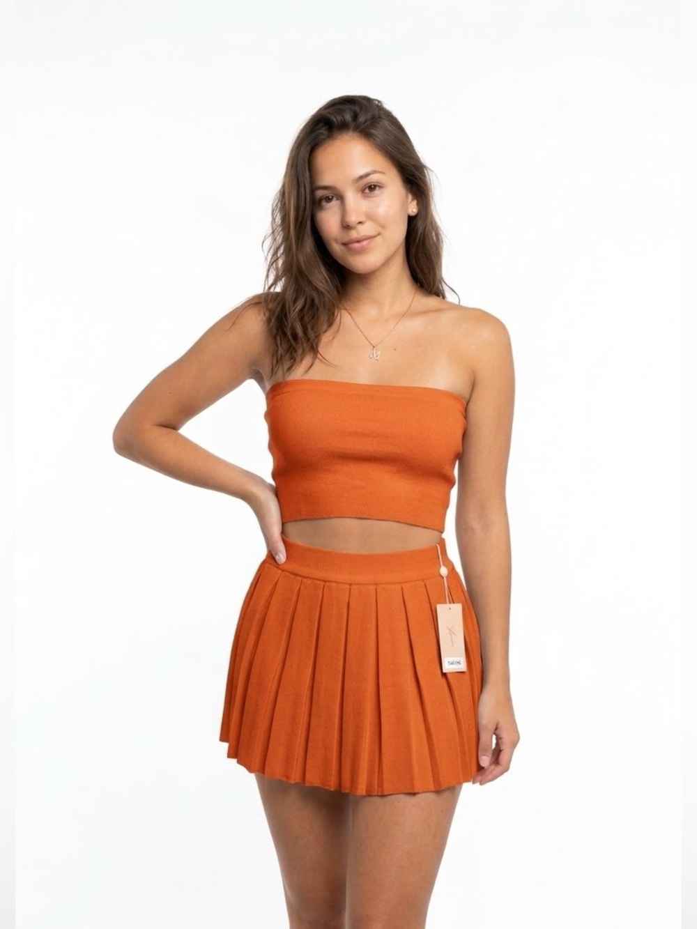 Women's Pleated Mini Skirt and top set in Bright Orange